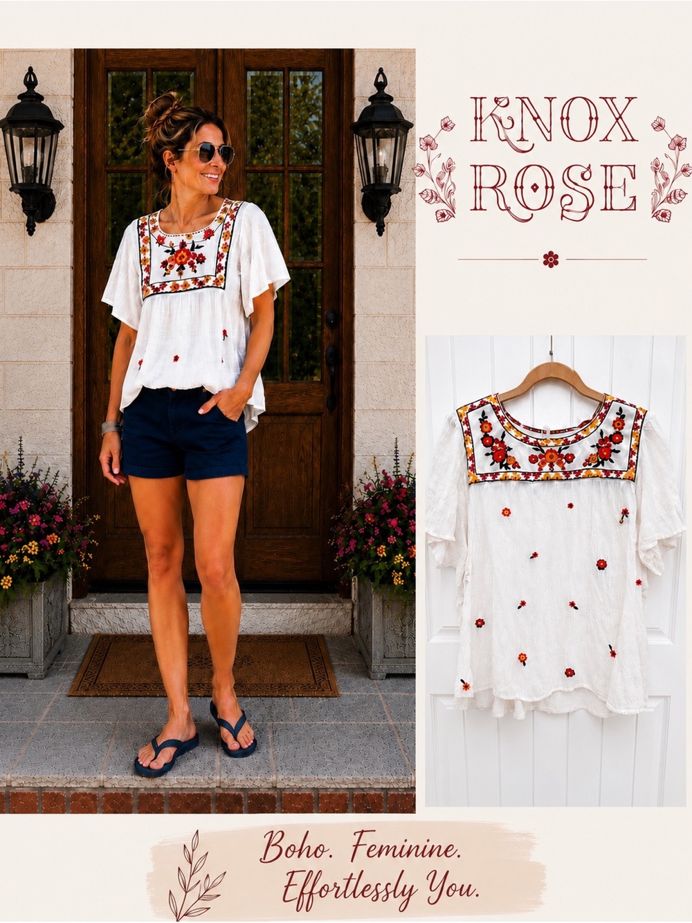 Knox Rose White Embroidered Boho Flutter Sleeve Top